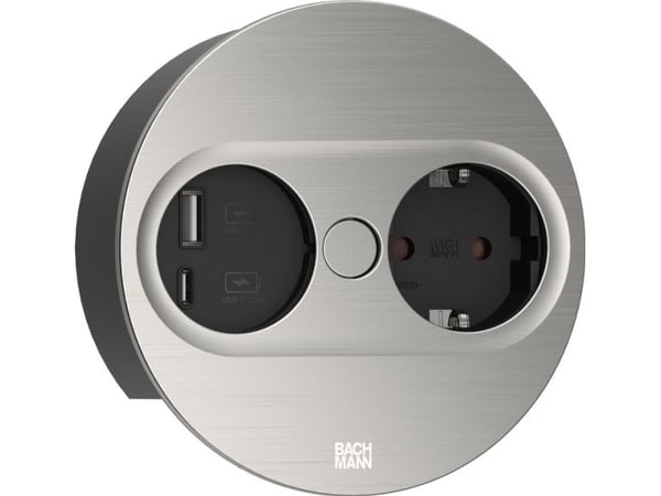 Bachmann TWIST 2 Metallhölje runt, rostfritt stål look, 1x svart uttag med jordkontakt och ökat kontaktskydd, 1x USB A/C 22W laddare, 2,0m H05VV-F3...