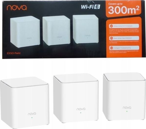 Tenda EX3-3, Valkoinen, Sisäinen, Verkkojärjestelmä, Järjestelmä, Kaksitaajuus (2,4 GHz/5 GHz), Wi-Fi 6 (802.11ax)