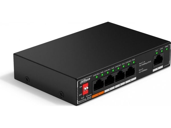 Dahua Technology PoE SF1005P, Uhåndtert, L2, Fast Ethernet (10/100), Full tosidig, Strøm over Ethernet (PoE), Kan monteres på vegg