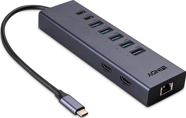 Lindy 43373, Koblet med ledninger (ikke trådløs), USB 3.2 Gen 2 (3.1 Gen 2) Type-C, 100 W, 10,100,1000 Mbit/s, 10BASE-T, 100BASE-TX, 1000BASE-T, Grå