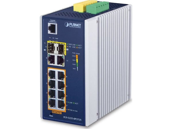 PLANET IGS-5225-8P2T2S, Håndtert, L2+, Gigabit Ethernet (10/100/1000), Full tosidig, Strøm over Ethernet (PoE), Kan monteres på vegg