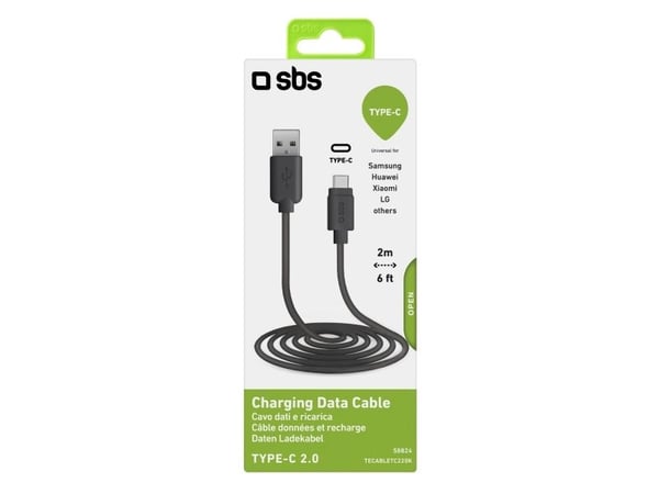 SBS TECABLETC220K, 2 m, USB A, USB C, USB 2.0, Svart