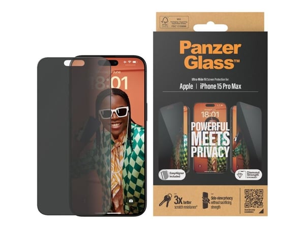 PanzerGlass ® Privacy Screen Protector iPhone 15 Pro Max | Ultra-Wide Fit w. EasyAligner, Apple, Apple - iPhone 15 Pro Max, Asennus kuivana, Iskunk...