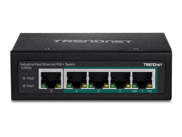 TRENDnet TI-PE50 - Switch - ikke-styrt - 4 x 10/100 (PoE+) + 1 x 10/100 - DIN-skinnemonterbar, veggmonterbar - PoE+ (90 W) - DC-strøm - TAA-samsvar