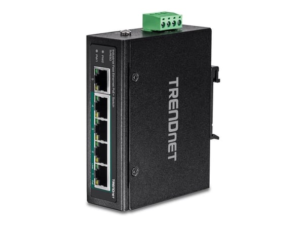 TRENDnet TI-PE50 - Kytkin - hallitsematon - 4 x 10/100 (PoE+) + 1 x 10/100 - DIN-kiskoon asennettava, seinään asennettava - PoE+ (90 W) - DC-virta ...