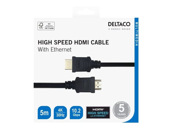 DELTACO - High Speed - HDMI-kabel med Ethernet - HDMI hann til HDMI hann - 5 m - svart - 4K 30Hz støtte