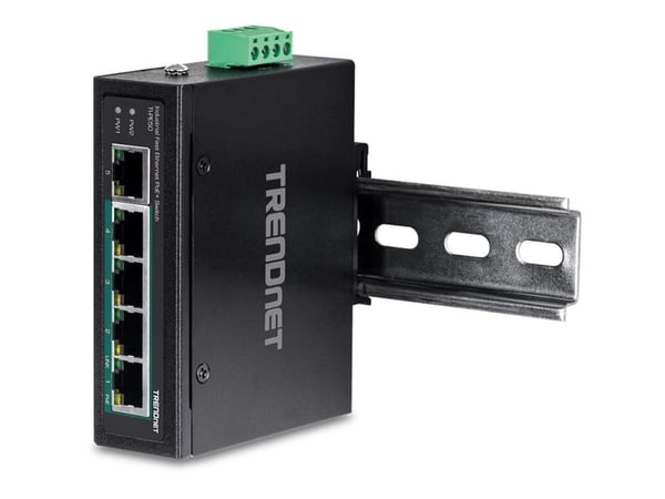 TRENDnet TI-PE50 - Kytkin - hallitsematon - 4 x 10/100 (PoE+) + 1 x 10/100 - DIN-kiskoon asennettava, seinään asennettava - PoE+ (90 W) - DC-virta ...