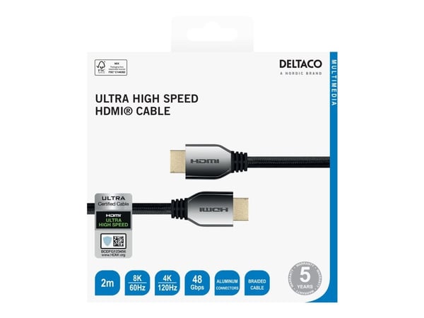 DELTACO - Ultra High Speed - HDMI-kabel - HDMI hann til HDMI hann - 2 m - svart - 4K 120 Hz støtte, 8K 60Hz støtte