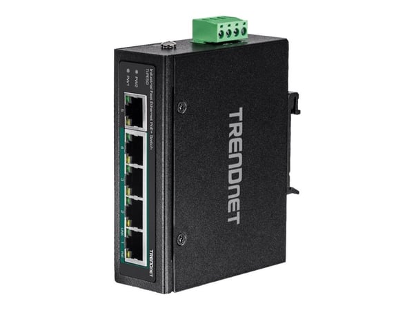 TRENDnet TI-PE50 - Kytkin - hallitsematon - 4 x 10/100 (PoE+) + 1 x 10/100 - DIN-kiskoon asennettava, seinään asennettava - PoE+ (90 W) - DC-virta ...