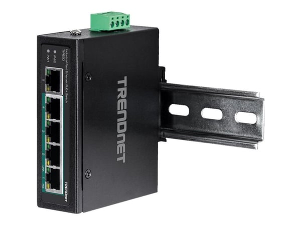 TRENDnet TI-PE50 - Kytkin - hallitsematon - 4 x 10/100 (PoE+) + 1 x 10/100 - DIN-kiskoon asennettava, seinään asennettava - PoE+ (90 W) - DC-virta ...