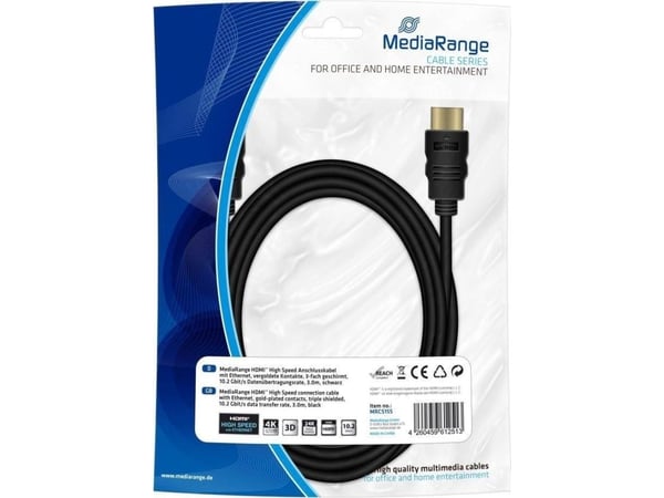 MediaRange - HDMI-kabel med Ethernet - HDMI plugg til HDMI plugg - 3 m - trippel beskyttelse - svart - rund, 4K-støtte