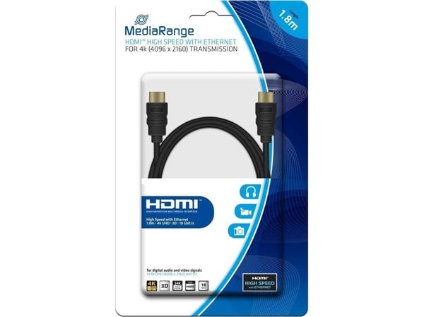MediaRange - HDMI-kabel med Ethernet - HDMI plugg til HDMI plugg - 1.8 m - trippel beskyttelse - svart - rund, 4K-støtte