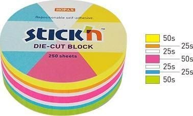 Stick'n Notes runde 67x67 mm miks 5 farger neon + hvit 250 ark Stick"n 21830