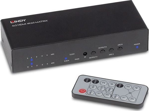 Lindy 38084, AV-matrisevelger, 3840 x 2160 piksler, 18 Gbit/s, Sort, Metall, 1000 mA