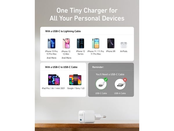 Anker Nano pro series 5 511 - Strømadapter - nano pro - 20 watt - 3 A - IQ 3.0 (USB-C) - aurorahvit