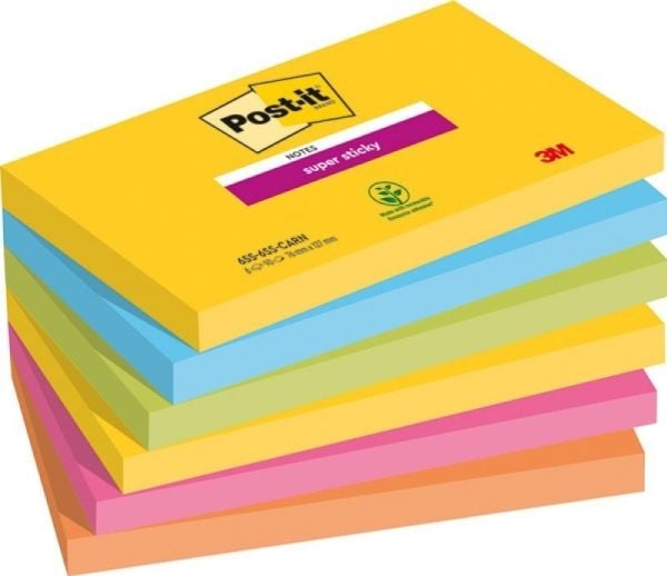 Post-it Super Sticky Rio de Janeiro 655-6SS-RIO-EU - Anteckningar - 76 x 127 mm - 540 ark (6 x 90) - neongul, medelhavsblå, neongrön, fuchsia, neon...