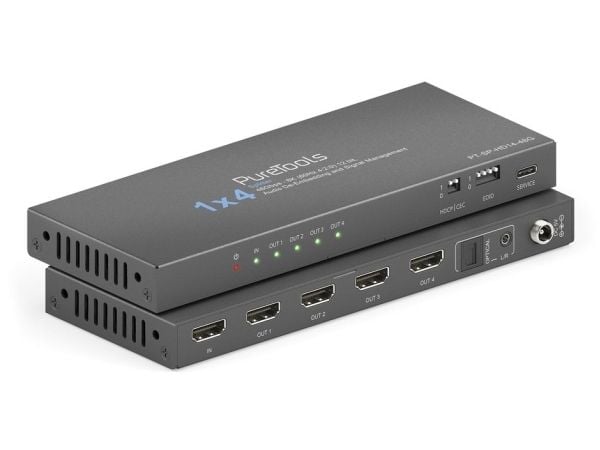 PureTools PT-SP-HD14-48G, HDMI, 4x HDMI, 3,5 mm, 7680 x 4320 piksler, Sort, Stål