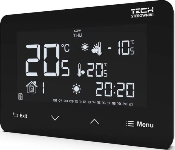 Tech trådbunden regulator ST-293z v3, svart, rumsregulator, tvåläges, 230V, infälld glaskonstruktion