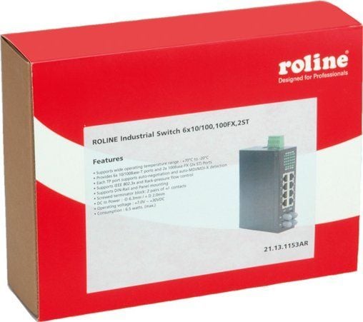 ROLINE Industrial Switch, 6x RJ-45, 2x ST, unmanaged, Full tosidig
