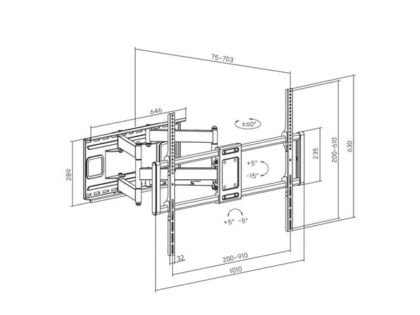 TV-seinäteline 60-120" litteille ja kaareville televisioille enintään 120 kg. VESA 900x600 Kääntyvä, kallistettava ja pyörivä, yleinen TV-teline