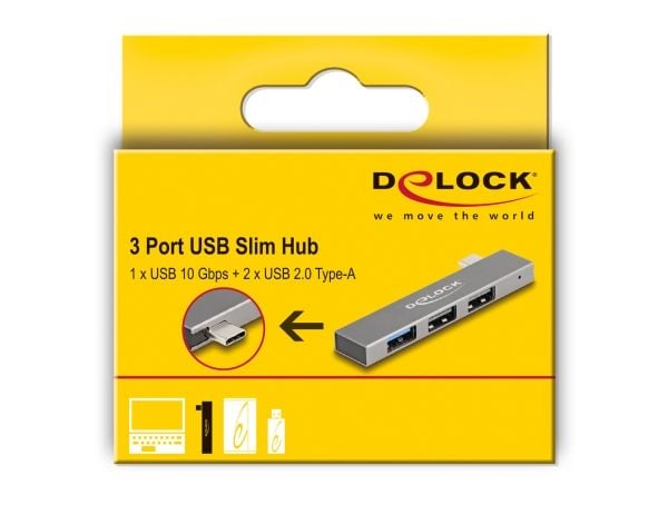 Delock - Hub - slim, 10 Gbps, with USB Type-C - 1 x USB 3.2 Gen 2 + 2 x USB 2.0 - pinne