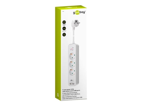 goobay - pistorasia - AC 230 V - 3680 Watt - tulo: teho CEE 7/7 - lähtöliittimet: 3 (2 x USB, 3 x CEE 7/4) - 1,5 m johto - valkoinen - valkoinen