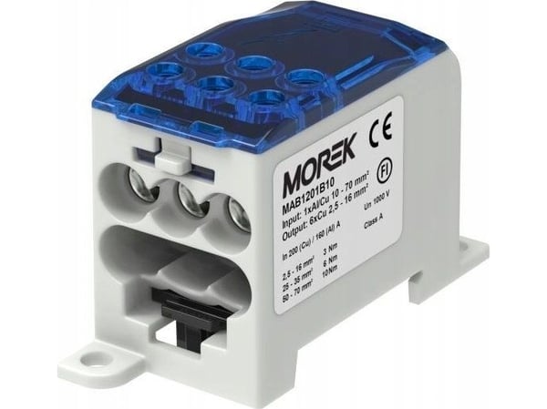 MOREK Jakelulohko OJL200A sininen Tulo: 1xAl/Cu 10-70mm2 Lähtö: 6xCu 2,5- 16mm2 MAB1201B10