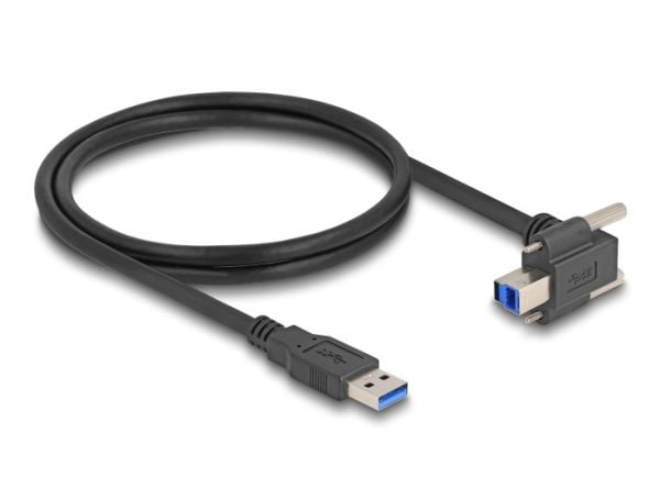 Delock USB 5 Gbps -kaapeli USB-tyypin A uros suoraan USB-tyypin B urokseen, ruuviväli 22 mm 90° ylöspäin taivutettuna