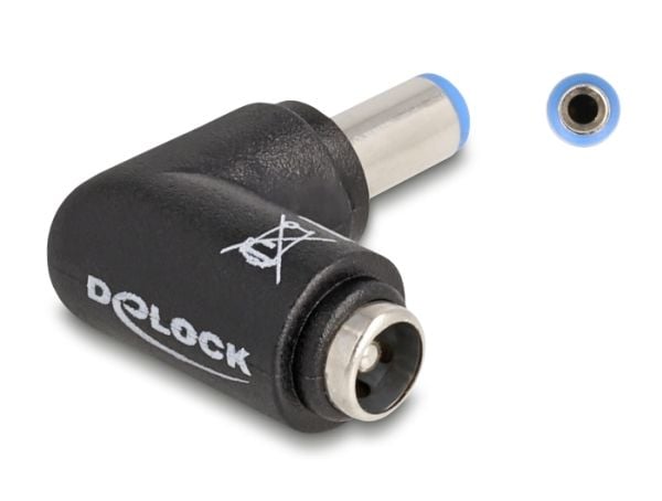 Delock DC-sovitin 5,5 x 2,1 mm:n pistoke 5,5 x 2,1 mm:n pistorasiaan 90° kulmassa