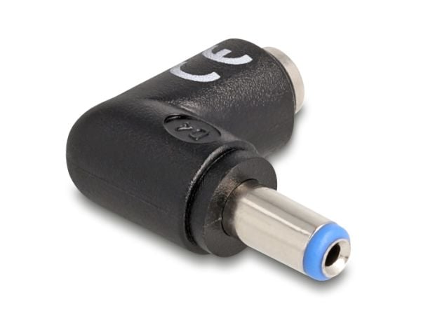 Delock DC-sovitin 5,5 x 2,1 mm:n pistoke 5,5 x 2,1 mm:n pistorasiaan 90° kulmassa