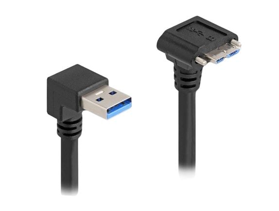 Delock USB 5 Gbps -kaapeli USB Type-A -pistoke 90° alaspäin taivutettuna USB Micro-B -pistokkeeseen, jossa ruuviväli 18 mm 90°