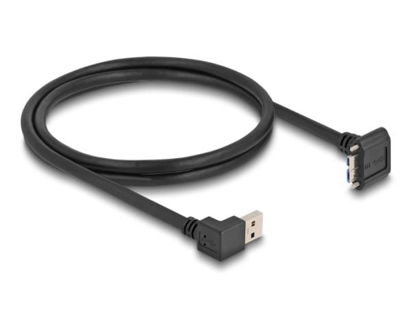 Delock USB 5 Gbps -kaapeli USB Type-A -pistoke 90° alaspäin taivutettuna USB Micro-B -pistokkeeseen, jossa ruuviväli 18 mm 90°