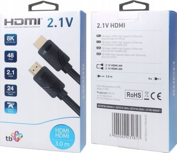 TB HDMI v 2.1 premiumkabel 3m 8k svart, designet for spillere