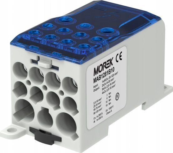 MOREK kopplings-/fördelningsblock OJL280A blå, in: 1xAl/Cu 35-120, ut: 2x6-35mm2/5x2,5-16mm2/4x2,5-10mm2 1000V MAB1281B10