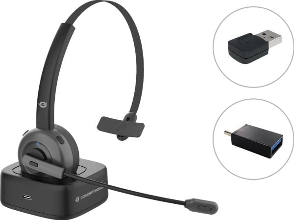 Conceptronic Polona POLONA03BDA - Hodesett - on-ear - Bluetooth - trådløs - USB-A via Bluetooth-adapter - svart