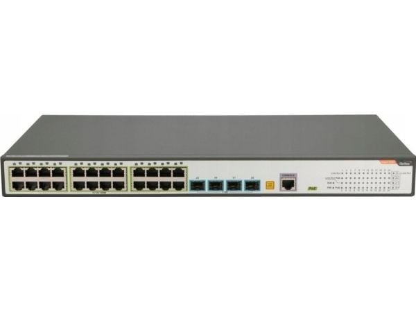 FiberHome S4820-28T-X-PE-AC nätverksswitch med hanterade L2/L3 gigabitportar, PoE-stöd, 1U, svart/grå