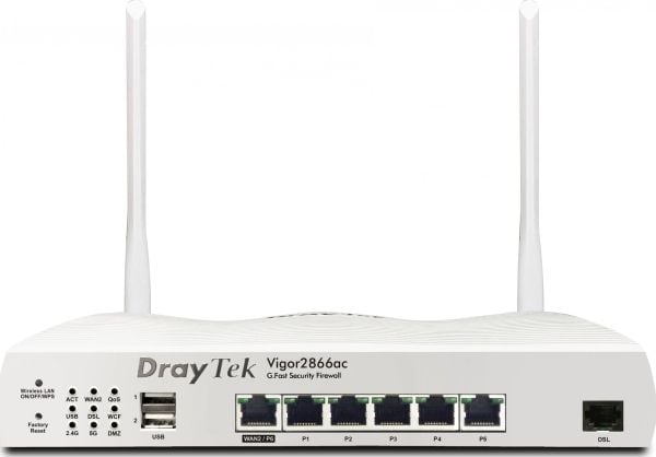 Draytek Vigor 2866Vac, Wi-Fi 5 (802.11ac), Kaksitaajuus (2,4 GHz/5 GHz), Ethernet LAN, ADSL, Valkoinen, Pöytäreititin