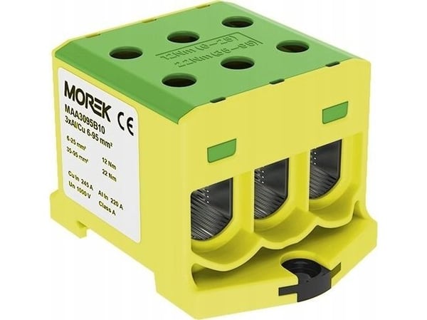 MOREK AL CU kierteinen kiskoliitin 6-95mm2 TS 35 1 kisko 6 tappireikää OTL95-3 kelta-vihreä MAA3095Y10 89827009
