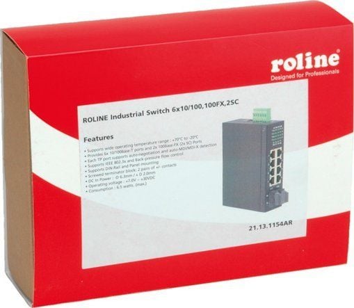 ROLINE Industrial Switch, 6x RJ-45, 2x SC, unmanaged, Full tosidig