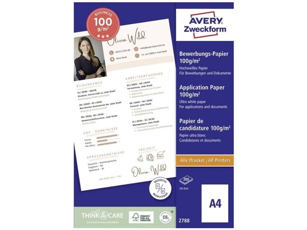 Avery 2788, Bläckstråleutskrift, A4 (210x297 mm), Satin, 100 g/m ^, Vit, FSC Mix Credit