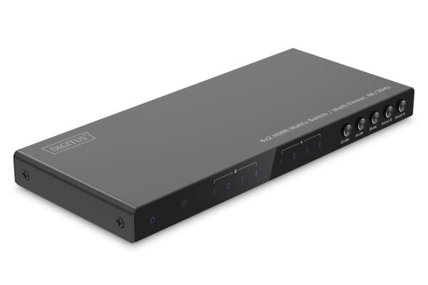 Digitus DS-55345, AV-matriseomskifter, 10,2 Gbit/sek., Sort, Metall, Knapper, Fjernkontroll, Status