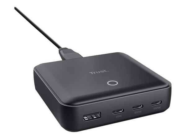 Trust Maxo - Strømadapter - 100 watt - 5 A - Power Delivery 3.0 + PPS - 4 utgangskontakter (3 x USB-C, USB) - svart - Europa Trust Maxo - Strømadapter - 100 watt - 5 A - Power Delivery 3.0 + PPS - 4 utgangskontakter (3 x USB-C, USB) - svart - Europa