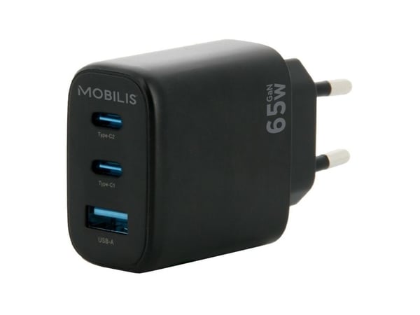Mobilis - Strømadapter - GaN - 65 watt - PD, QC - 3 utgangskontakter (2 x USB-C, USB) - svart