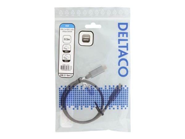 DELTACO USBC-1361 - USB-kabel - USB-C (hann) til USB-C (hann) - USB 3.1 Gen 2 - 50 cm - USB Power Delivery (3A, 60W) - sølv