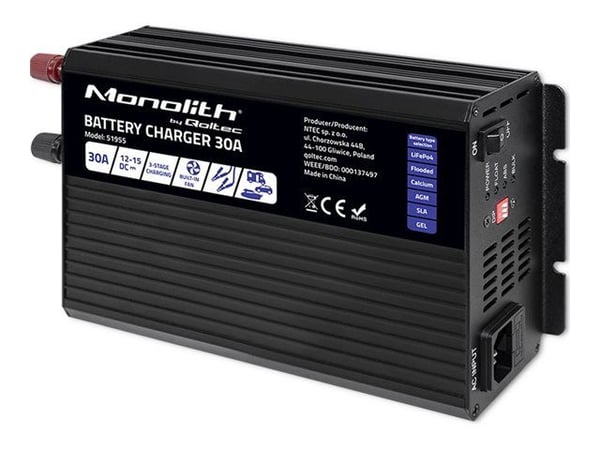 Qoltec Älykäs ammattimainen monoliittiakkujen laturi LiFePO4 AGM GEL SLA akuille | 30A | 12V