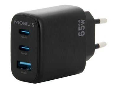 Mobilis - Strømadapter - GaN - 65 watt - PD, QC - 3 utgangskontakter (2 x USB-C, USB) - svart
