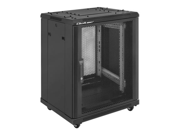 Qoltec - Rack skap - 600 x 855 x 600, perforated doors, feet + casters, steel case, lock - fritt stående - svart - 15U - 19"