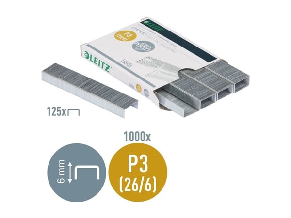 Leitz Niitit Power Performance P3 26/6 1000/ltk, Niittipakkaus, 26/6, 6 mm, 1000 niitit, Kiinnitys, 26/6