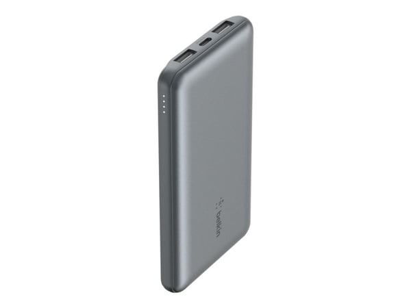 Belkin BoostCharge - Strømbank - 10000 mAh - 15 watt - 3 A - 3 utgangskontakter (2 x USB, USB-C) - på kabel: USB-C - romgrå