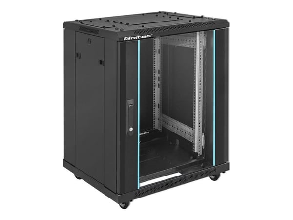 Qoltec - Rack skap - 600 x 855 x 600, tempered glass door, feet + casters, steel case, lock - fritt stående - svart - 15U - 19"